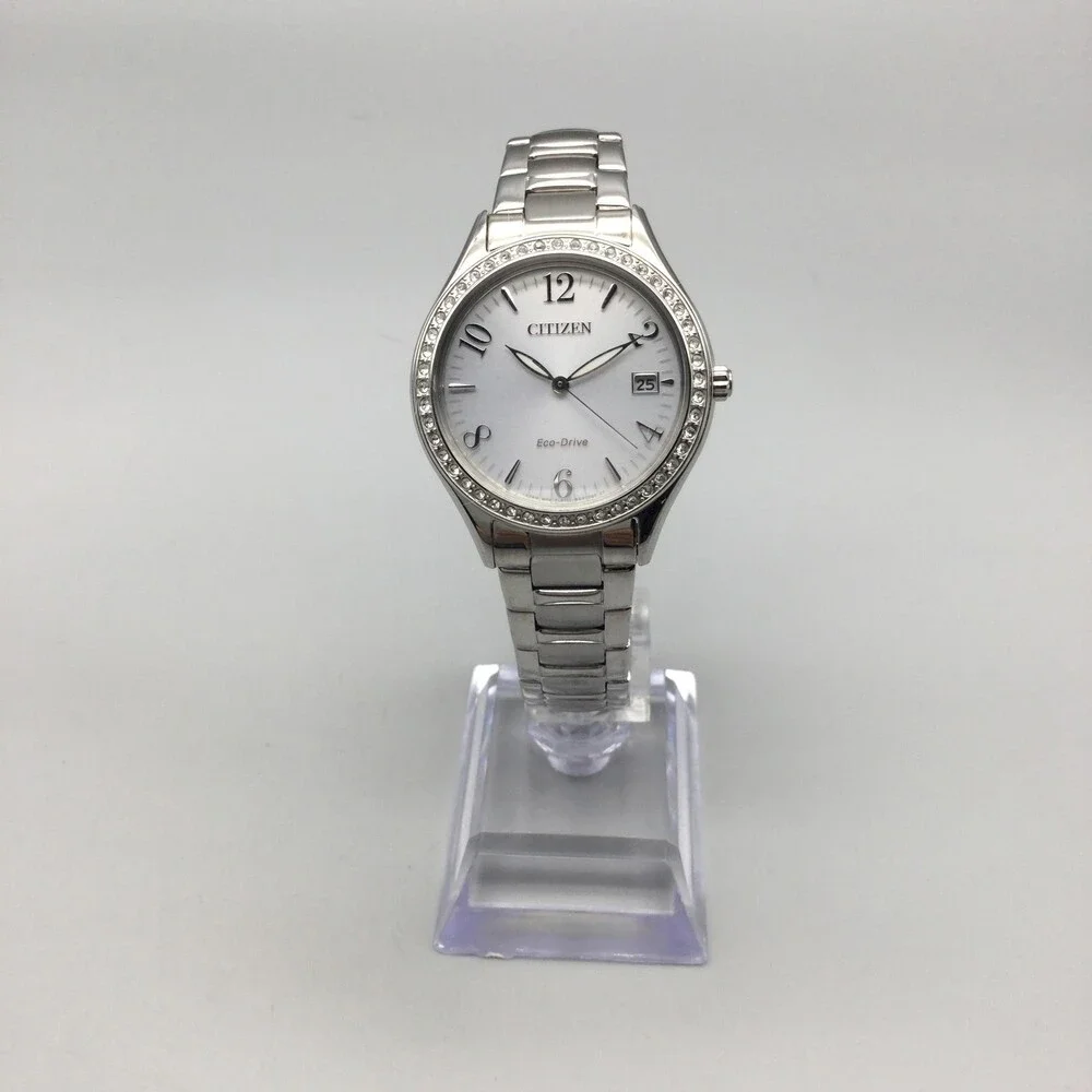 Citizen Eco-Drive Womens Watch 34mm Silver Tone Date E111-R014692 Crystals 7.5